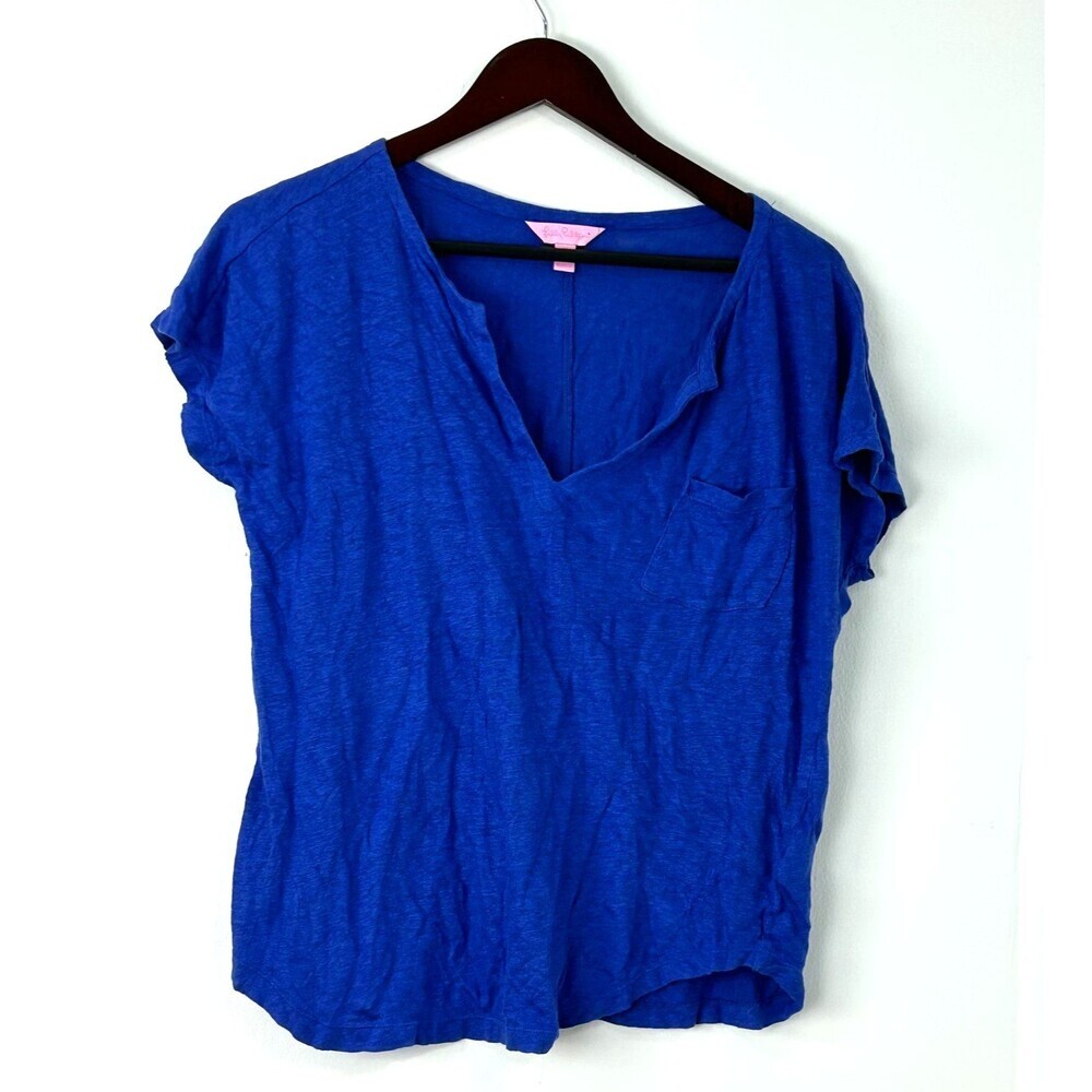 Lilly Pulitzer Shirt Women Medium Blue Linen Split Neck Cap Sleeve Pocket 1379T1 - Picture 2 of 10